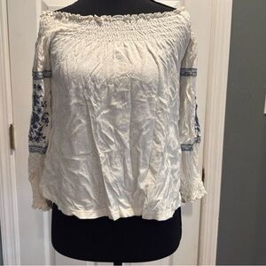 American Eagle Outfitters Off-Shoulder White Blouse with Blue Accents
